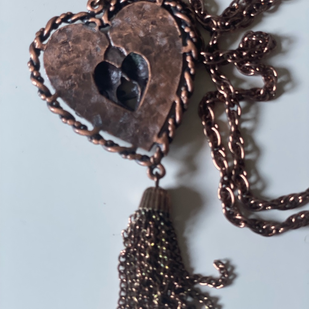 Vintage Signed SHP EXCL Lovebirds Heart COPPER Necklace  TASSEL 24" - Picture 3 of 4